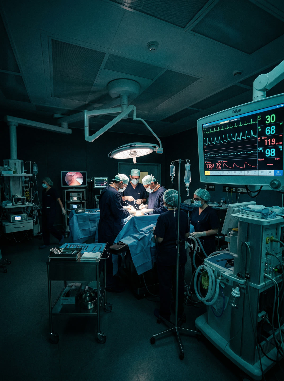 Anesthesiologist overseeing operating room with smart glasses, modern surgical suite
