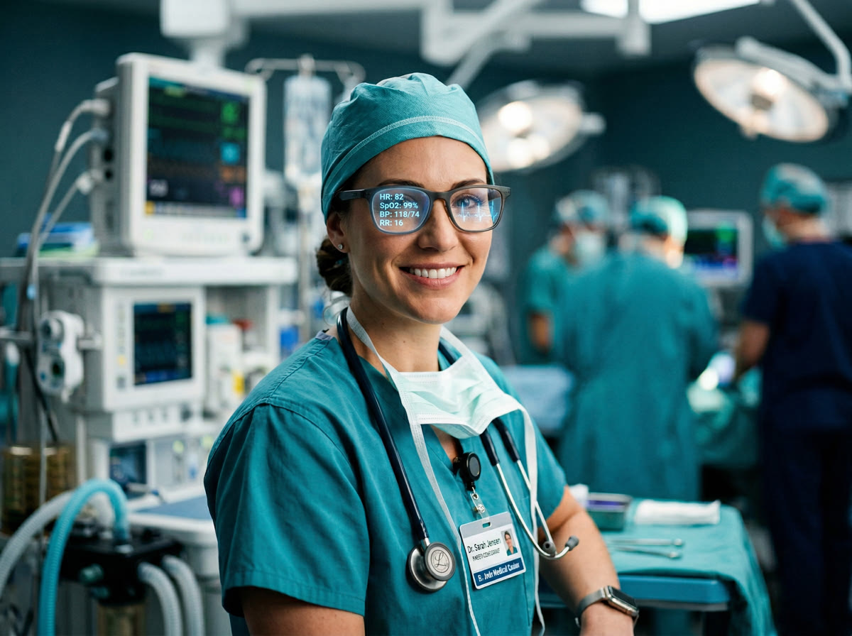 Physician wearing smart glasses in operating room, reviewing vitals overlay